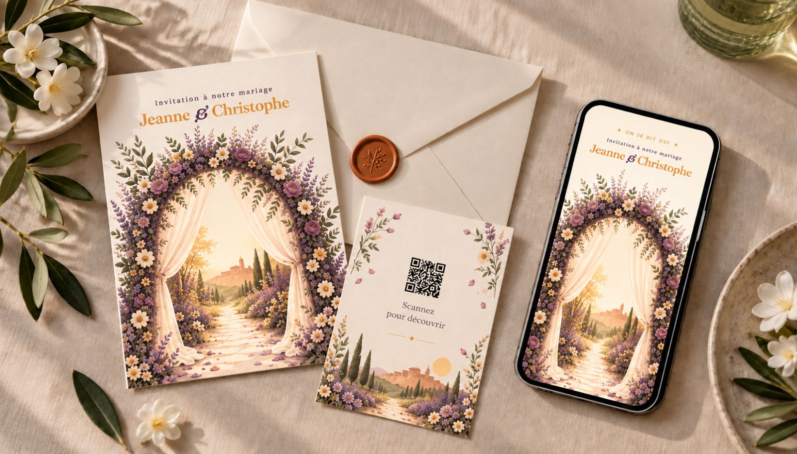 Faire-part papier, carte avec QR code et invitation digitale sur smartphone