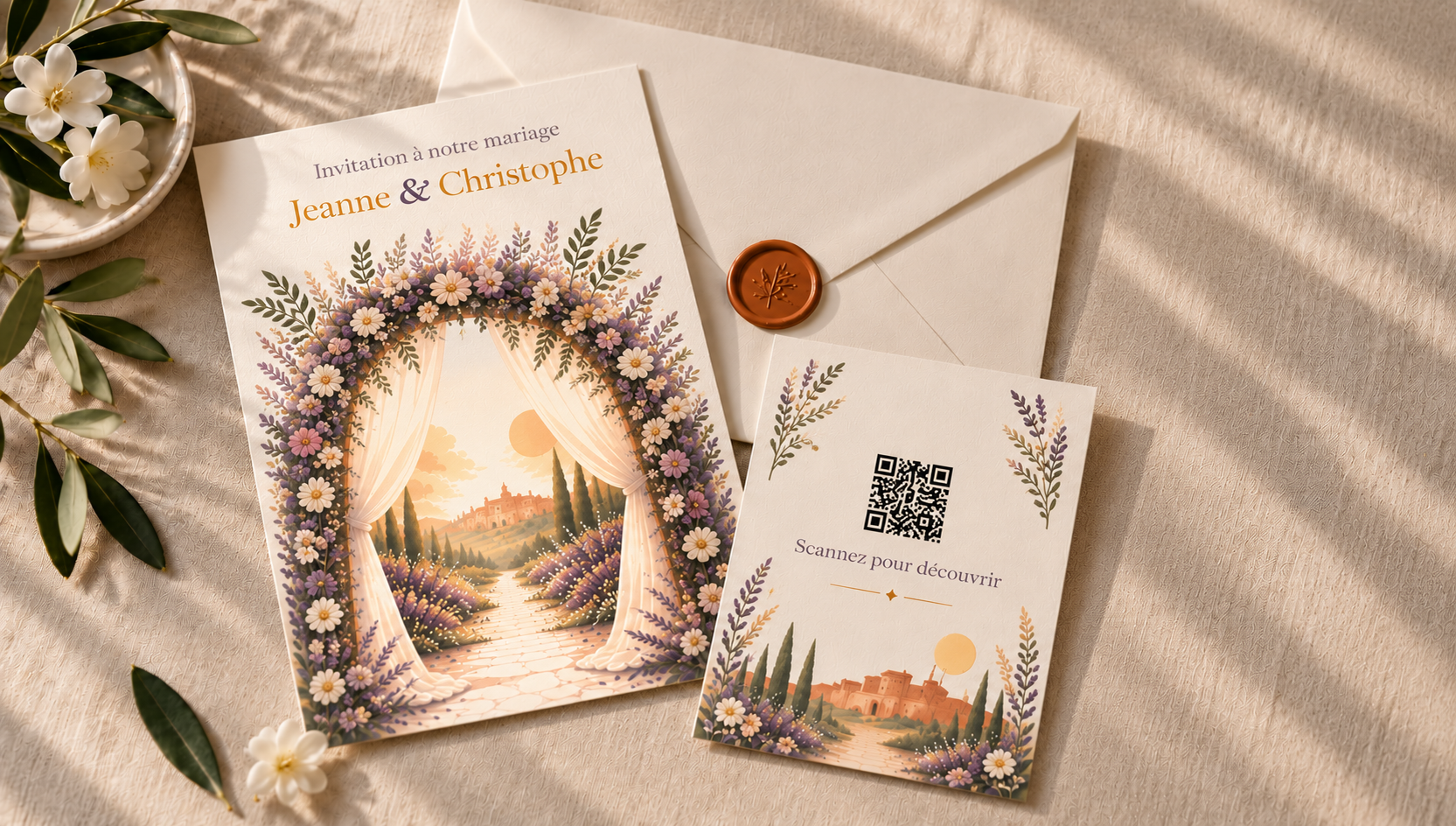 Faire-part papier de mariage accompagné d'une carte avec QR code