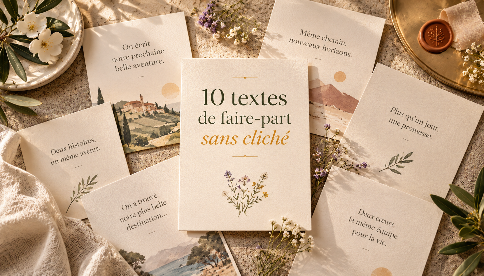 Cartes de faire-part crème aux textes poétiques, disposées sur une table aux fleurs séchées
