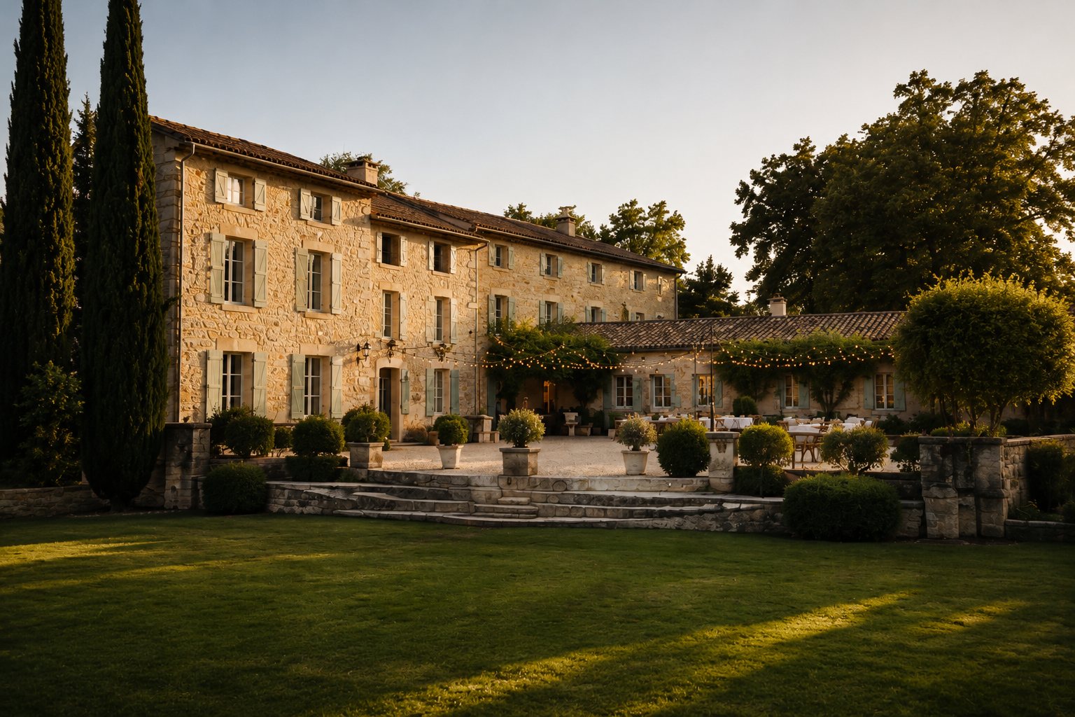 La piscine et la façade en pierre du domaine