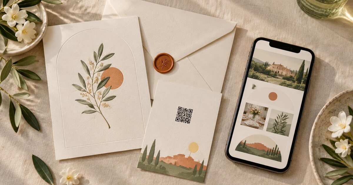 Faire-part de mariage papier avec QR code à côté d'un smartphone affichant un mini-site ECHO