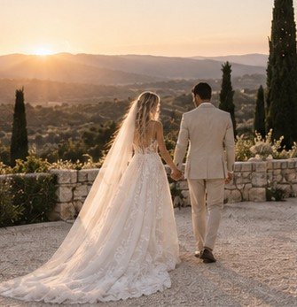 Céline et Jacques marchent vers le coucher du soleil